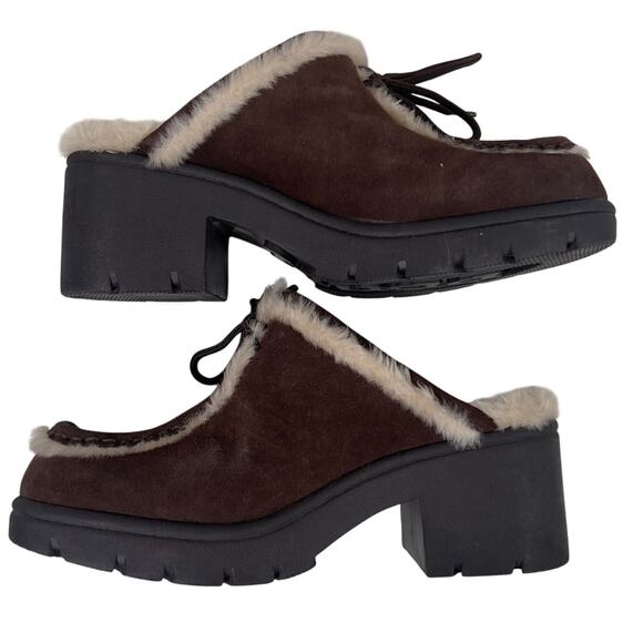 MUDD Dark Brown Faux Suede Fur Lining Mule Slipon Chunky Platform Size 9.5M Shoe - Picture 1 of 16